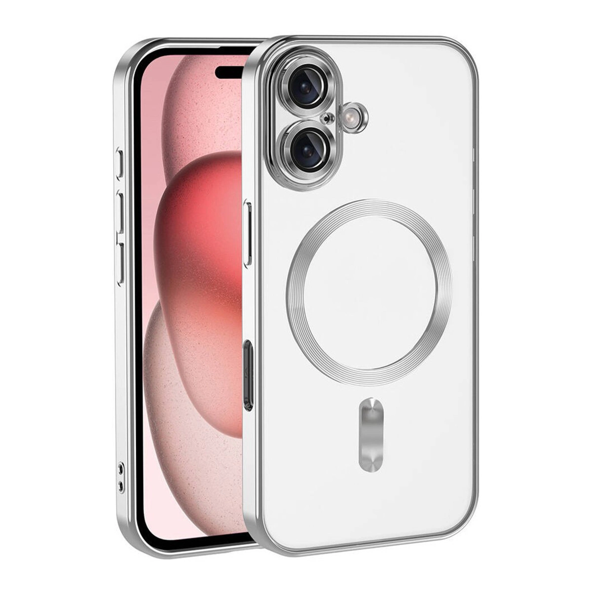 Gümüş kenarlı şeffaf telefon kılıfı, kameraları ve şarj halkasını gösteriyor.