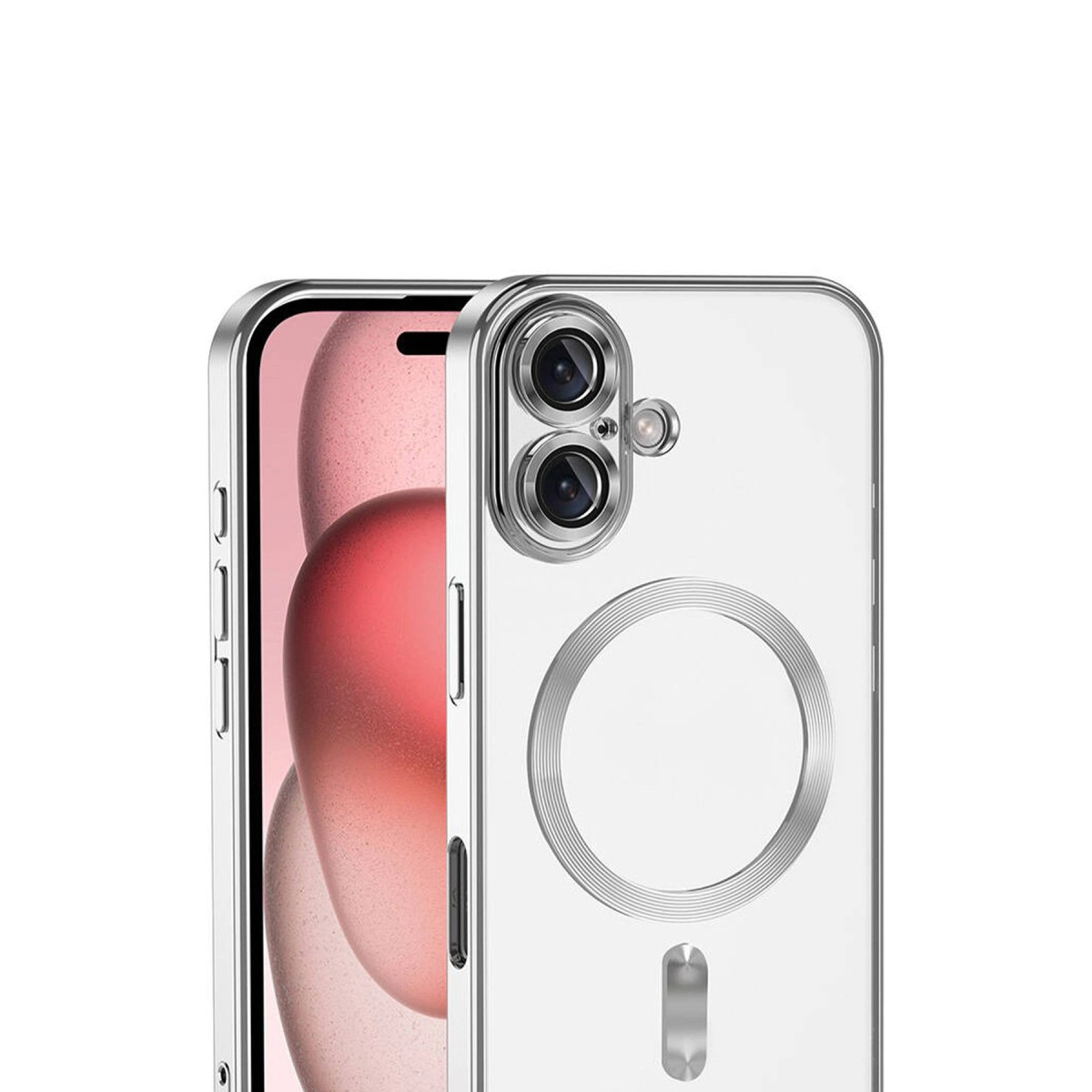 Gümüş kenarlı ve kamera modüllü şeffaf telefon kılıfı.