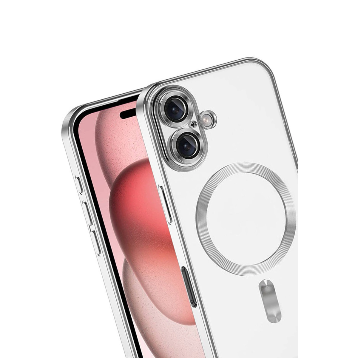 Gümüş kenarlı şeffaf telefon kılıfı, kameraları ve manyetik halkayı gösteriyor.