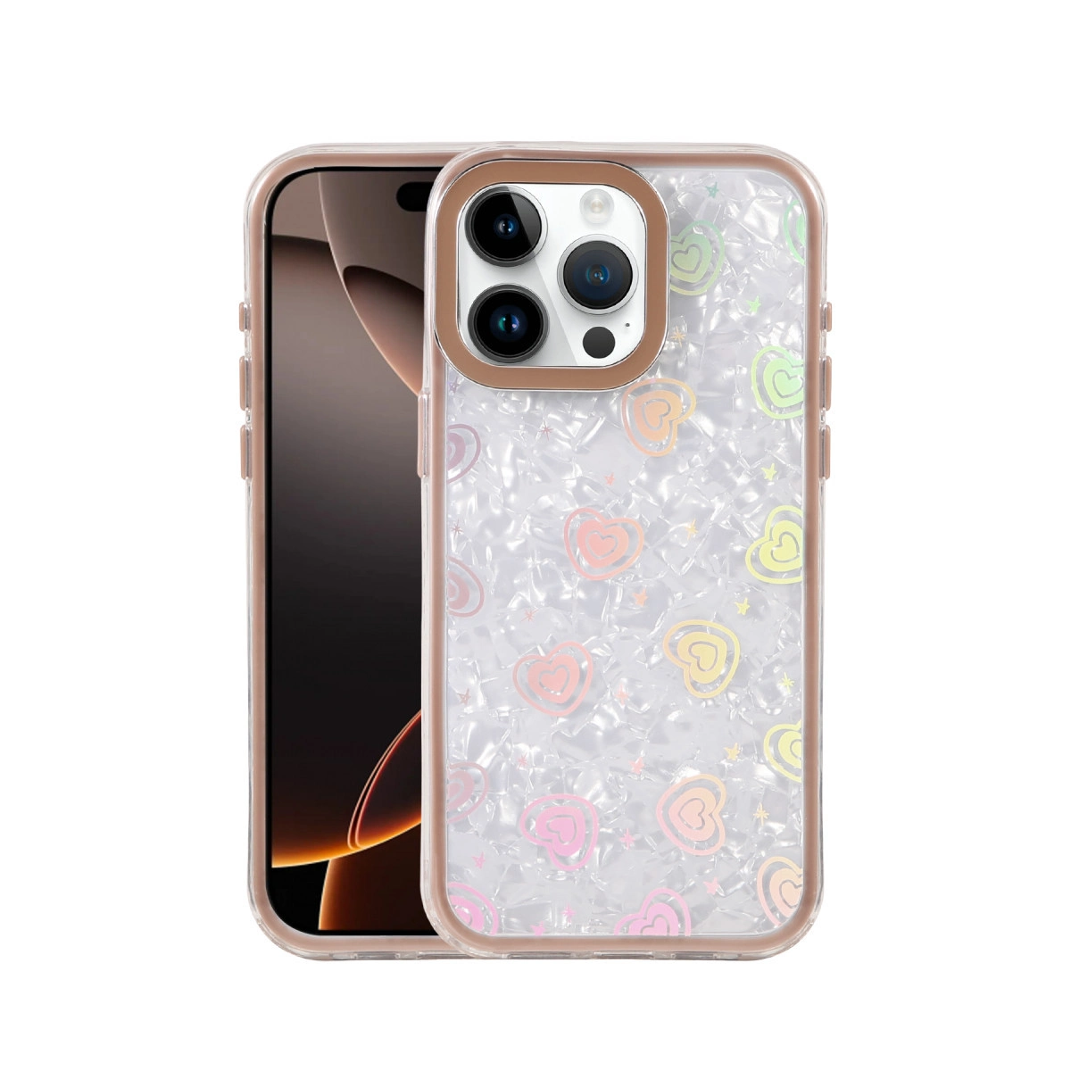 Kalpler ve yıldızlarla süslü şeffaf kılıflı bir iPhone.