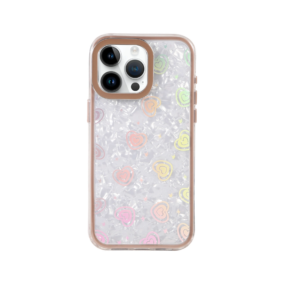 Renkli kalpli sedefli iPhone kılıfı.