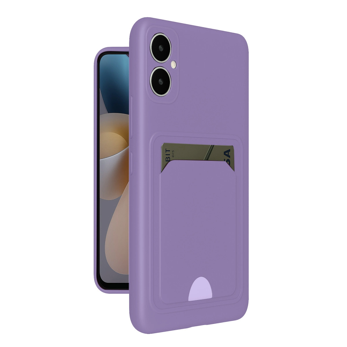 Kart yuvalı ve iki kameralı mor telefon kılıfı.