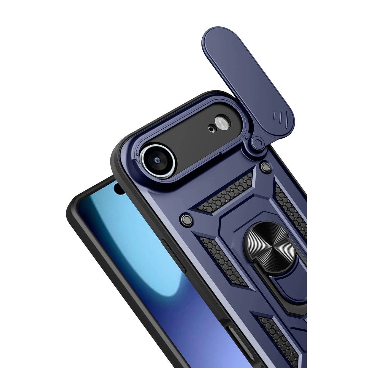 Koyu mavi telefon kılıfı, stant ve halka tutuculu, yakın çekim.