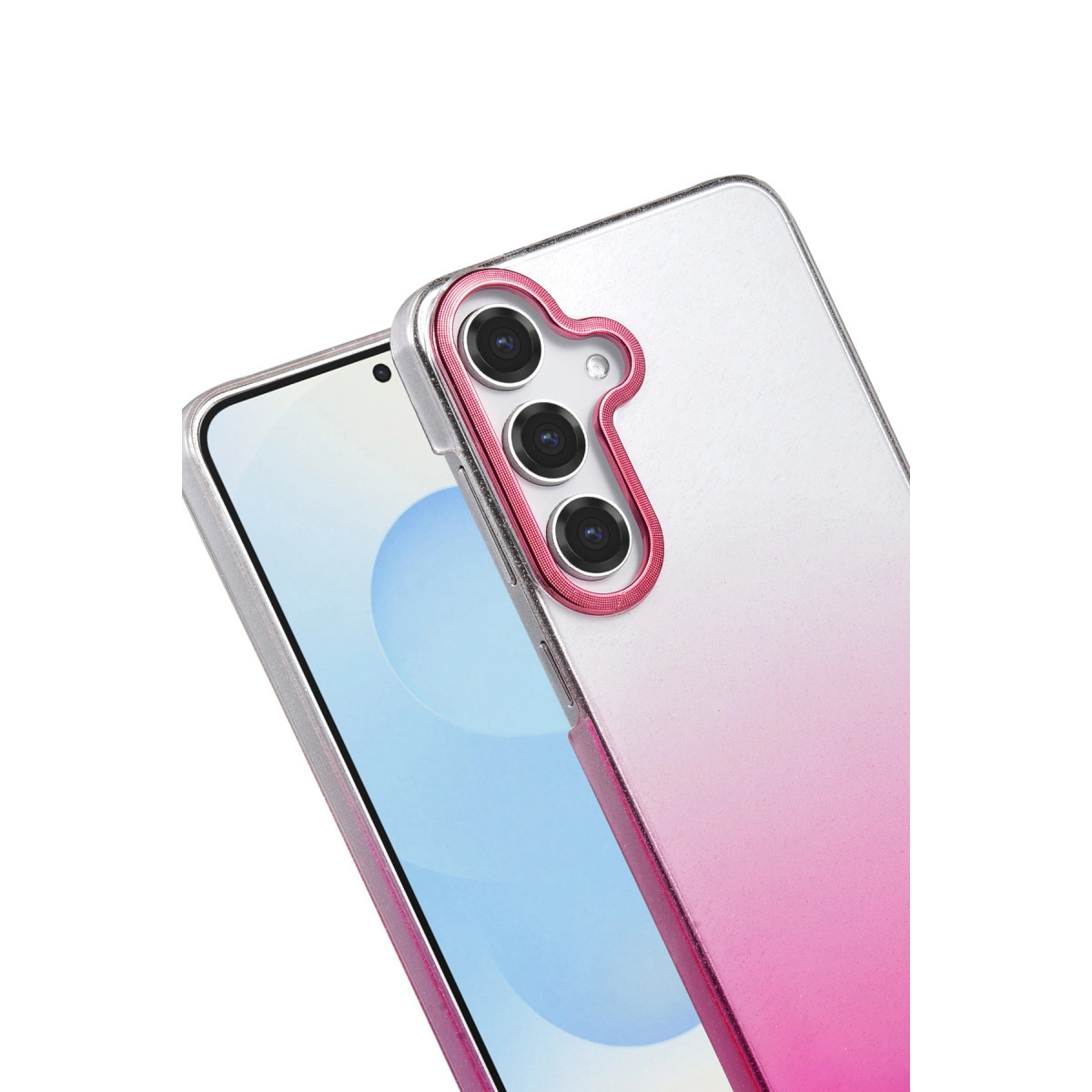 Üç kameralı, pembe-beyaz geçişli bir akıllı telefon.