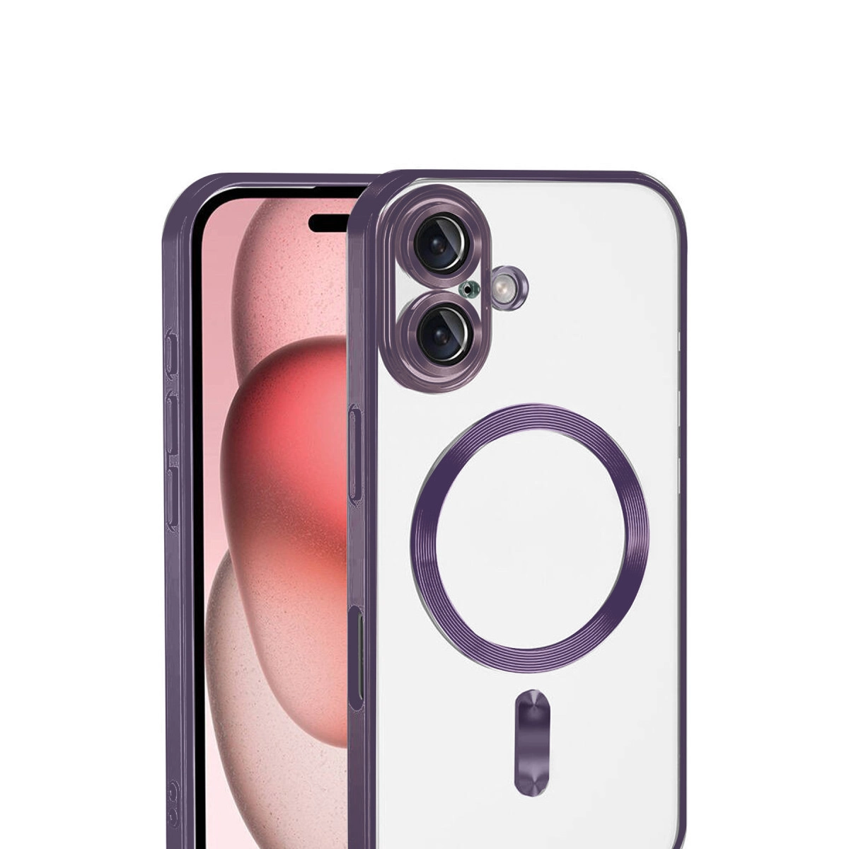 Mor iPhone kılıfı, şeffaf arka yüzü, kamera lensleri ve şarj halkası.