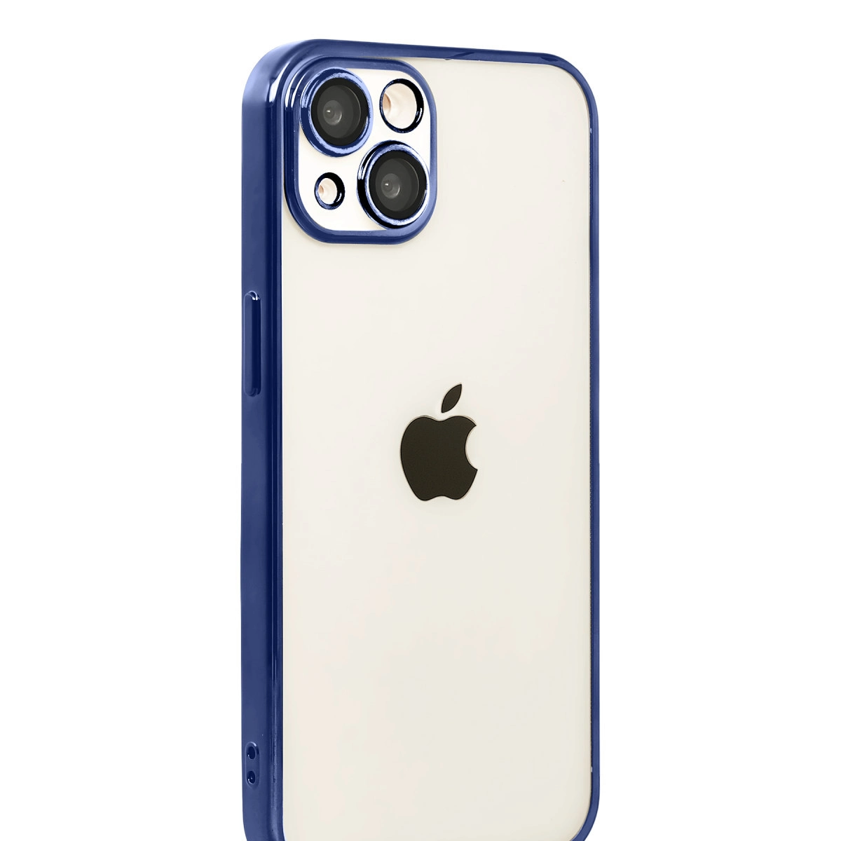 Mavi çerçeveli beyaz iPhone arkası ve kamera dizilimi.