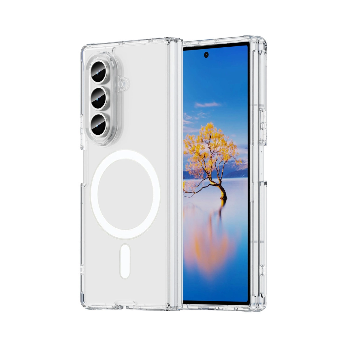 Üç kameralı ve yuvarlak manyetik halkalı şeffaf telefon kılıfı.