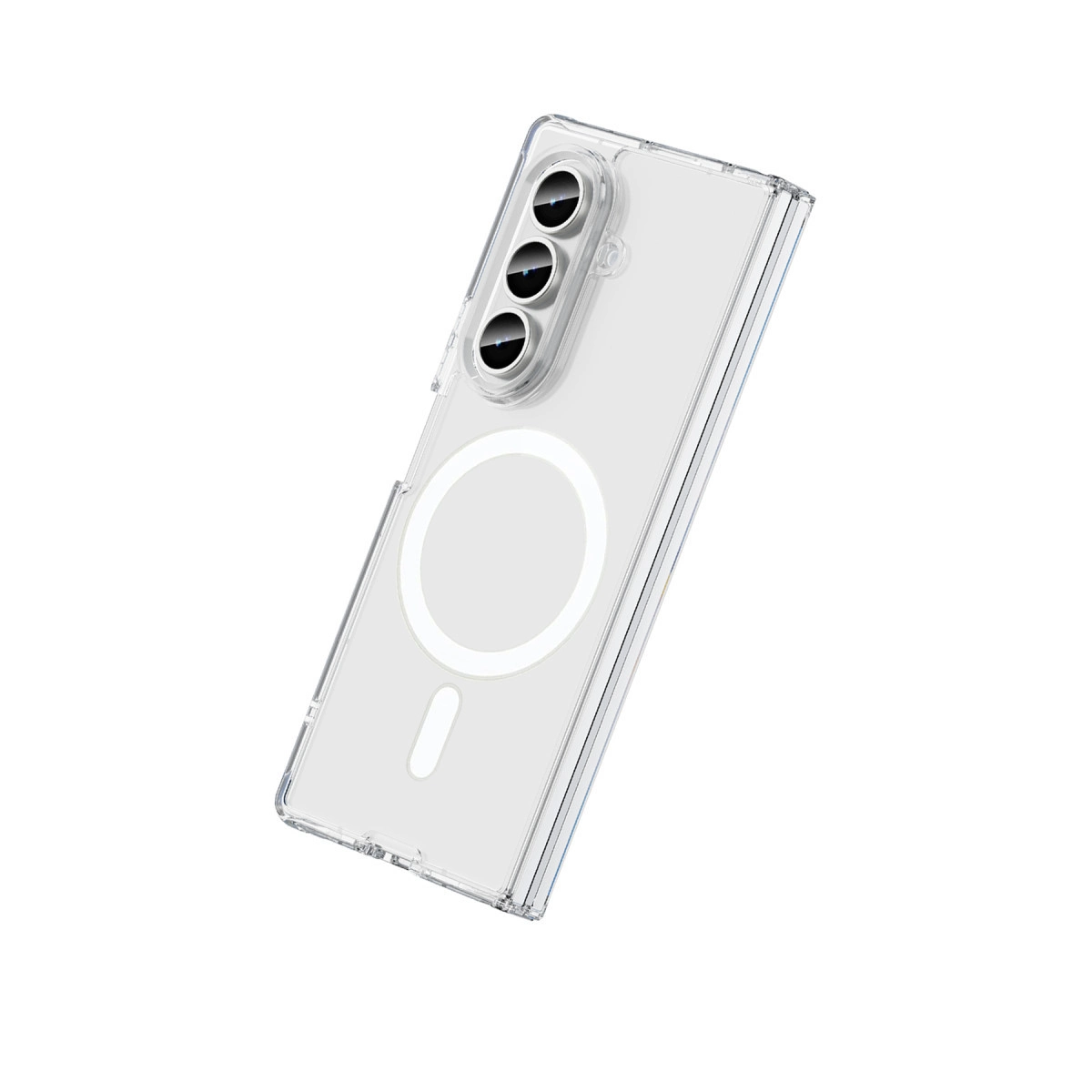 Üç kamera lensli ve manyetik halkalı şeffaf telefon kılıfı.