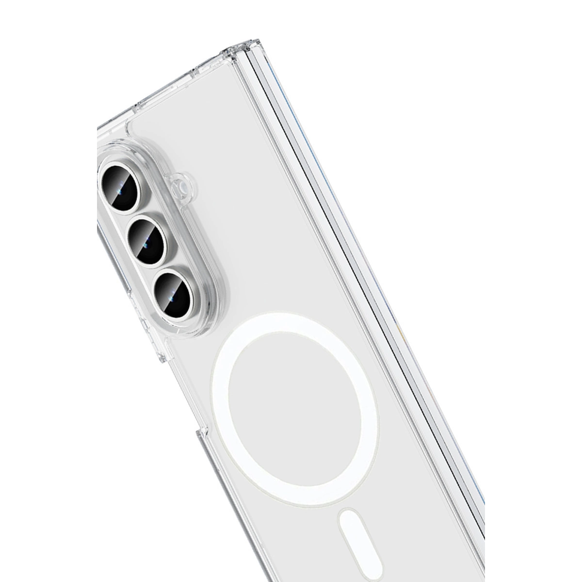 Üç kamera lensli ve manyetik halkalı şeffaf telefon kılıfı.