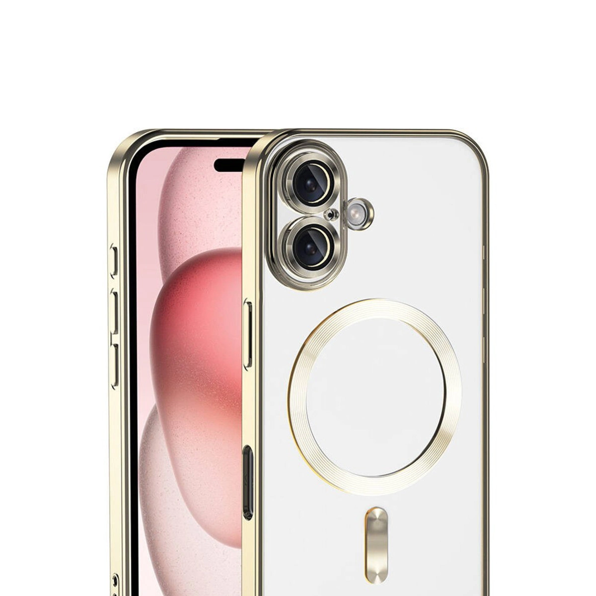 Altın çerçeveli iPhone kılıfı, kamera ve halkalı.