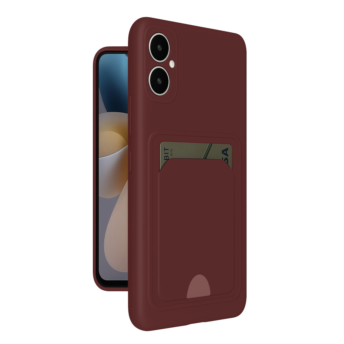 Bordo renkli telefon, kartlıklı kılıf ve arkada kameralar.