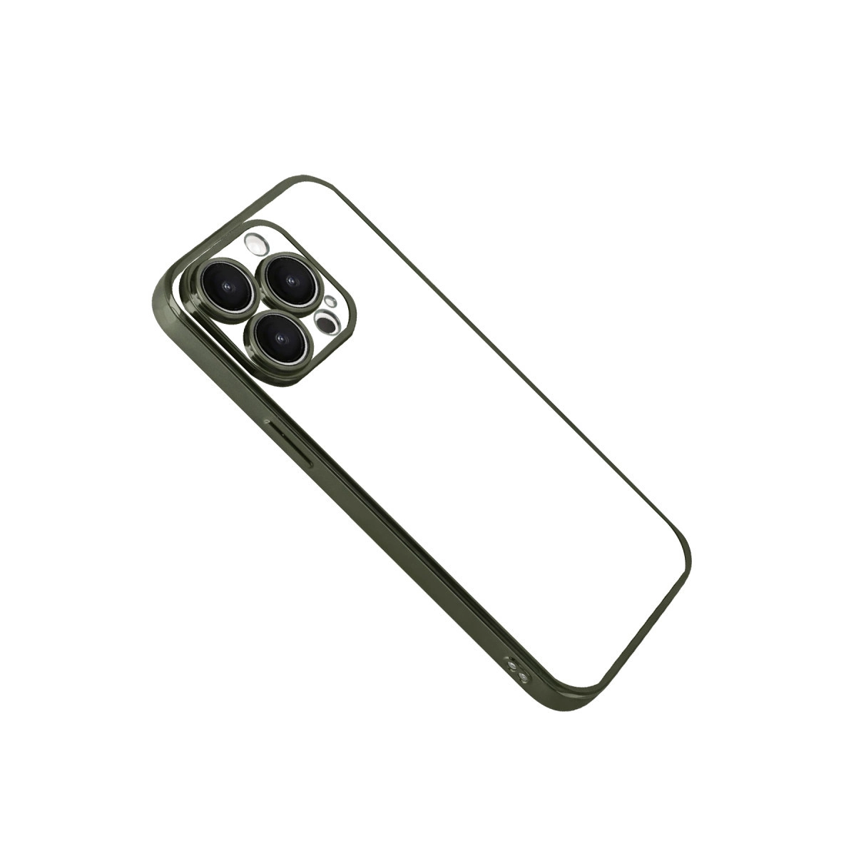 Şeffaf arka ve lensli koyu yeşil telefon kılıfı.
