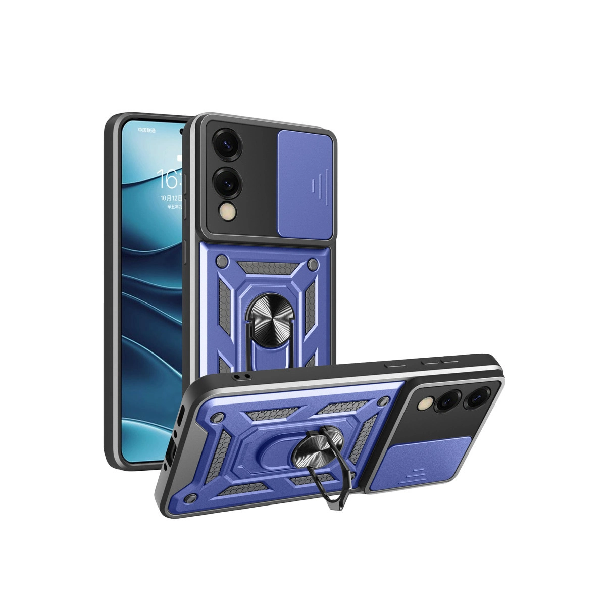 Halka tutuculu ve kaydırılabilir kamera kapaklı mavi telefon kılıfı.