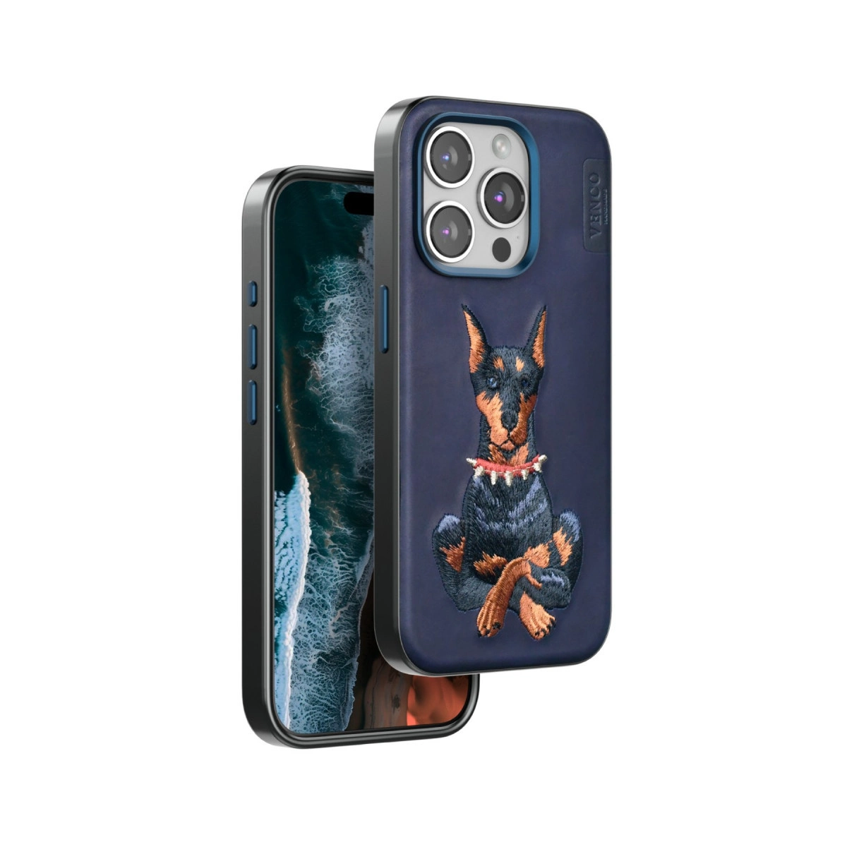 Nakişli Doberman ve kamera adası olan lacivert telefon kılıfı.