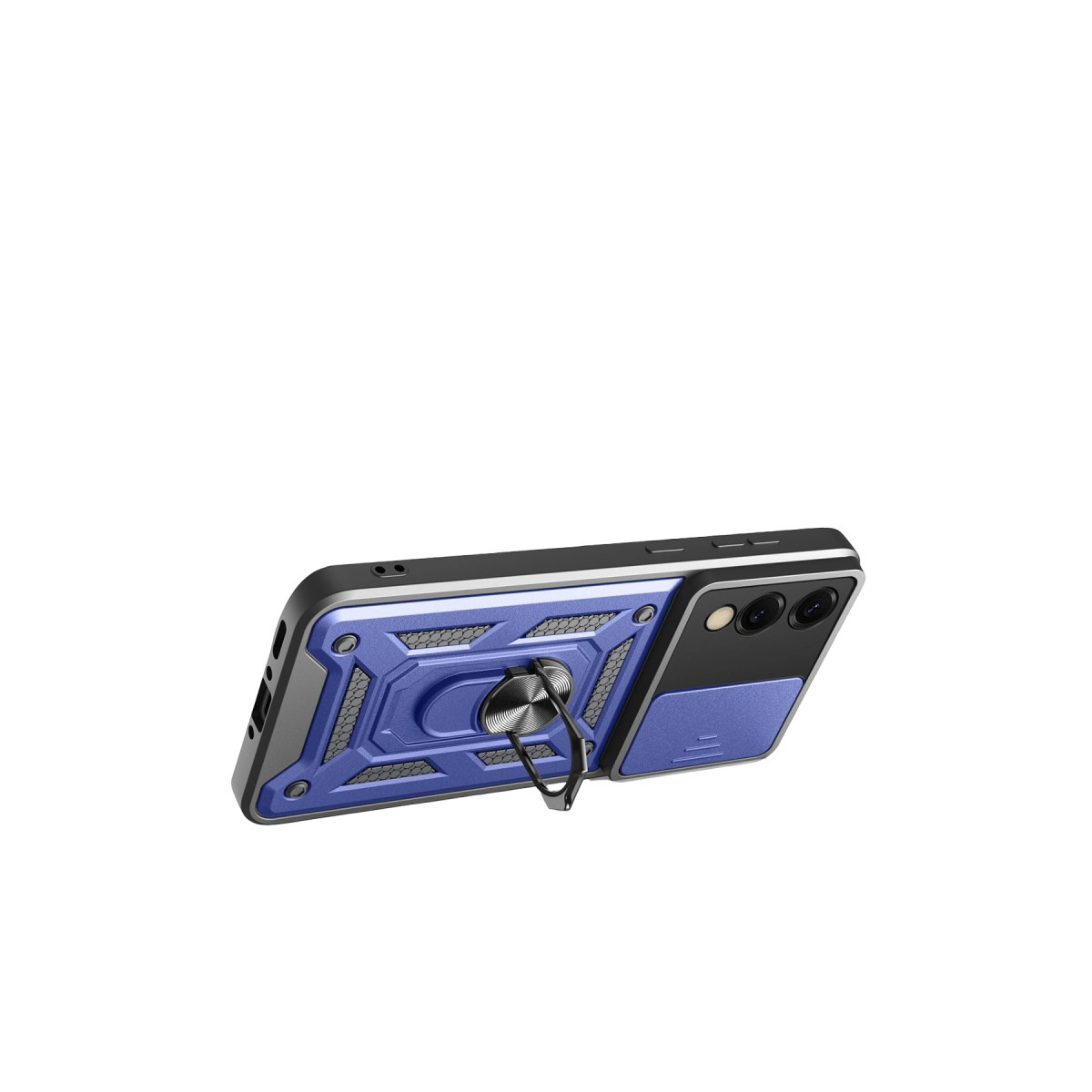 Halka tutuculu ve kamera kesimli mavi telefon kılıfı.