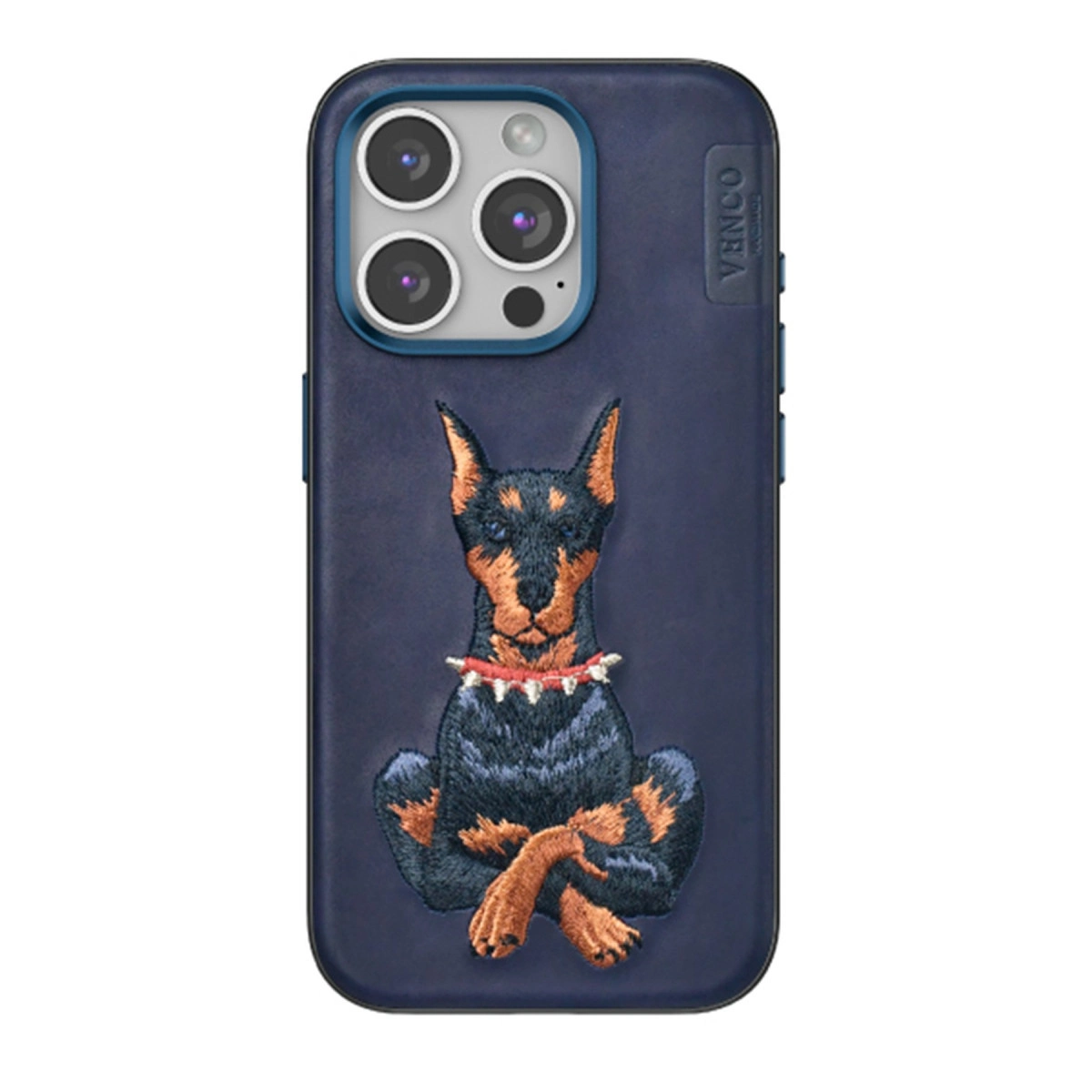 Nakışlı Doberman ve kamera kesimli lacivert telefon kılıfı.