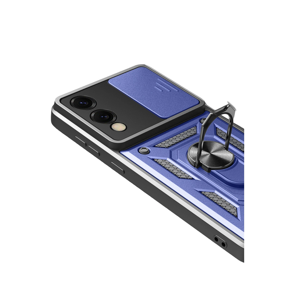 Entegre halka tutuculu ve kayar kapaklı mavi telefon kılıfı.