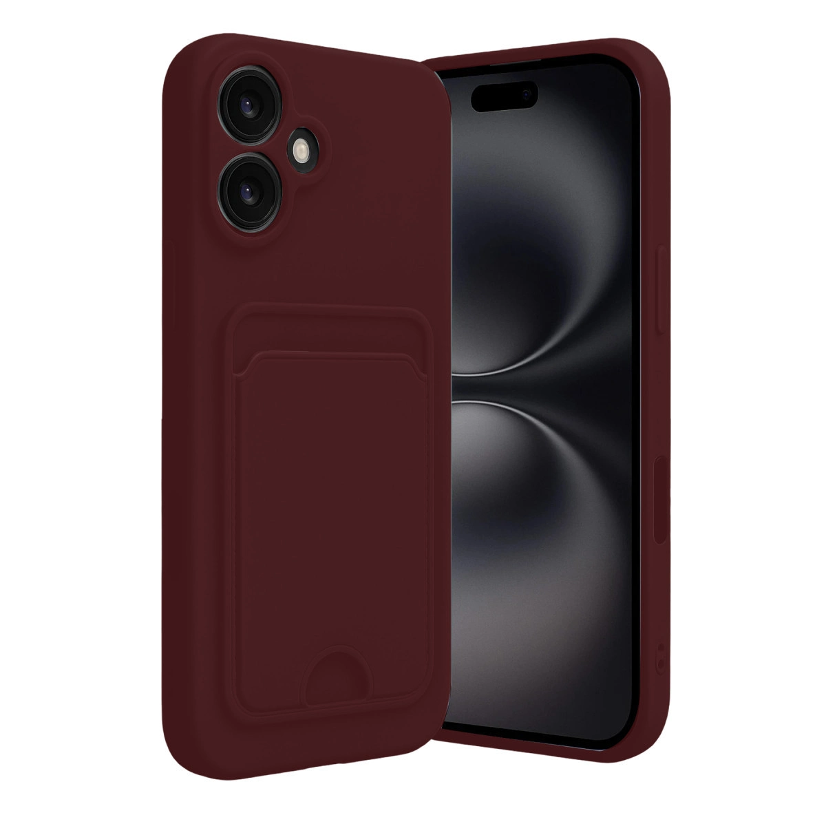 Kart yuvalı bordo telefon kılıfı, akıllı telefonun yanında.