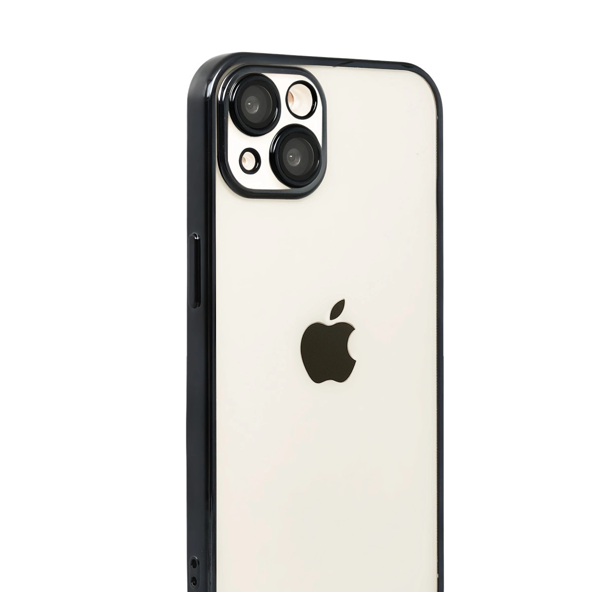 Beyaz arka plan üzerinde üç kameralı siyah kasalı iPhone.