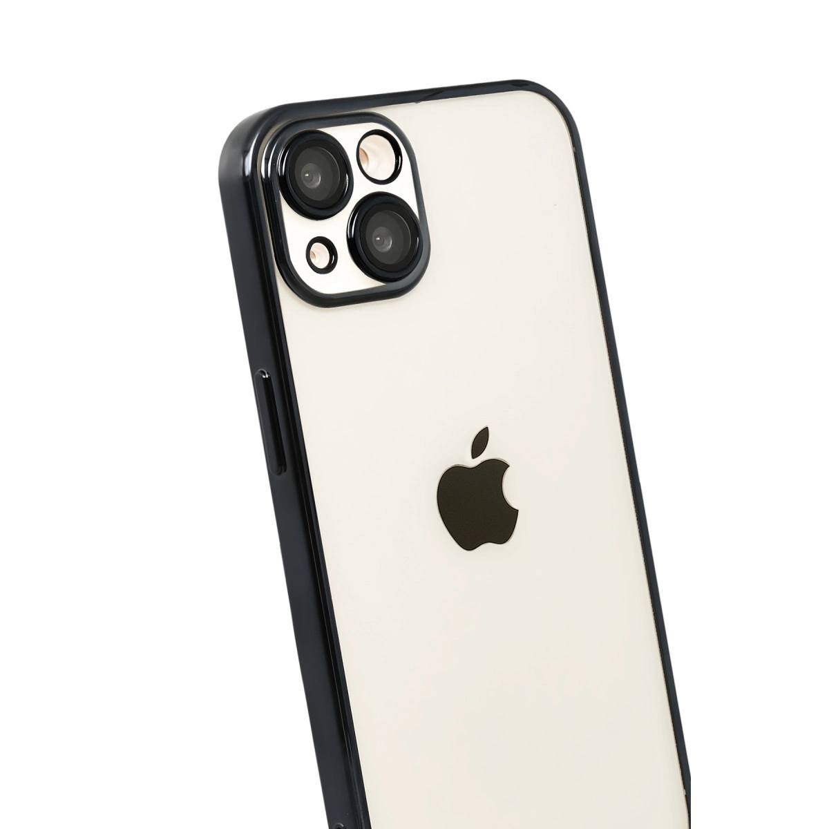 Siyah çerçeveli beyaz iPhone, arkasında üç kamera bulunur.