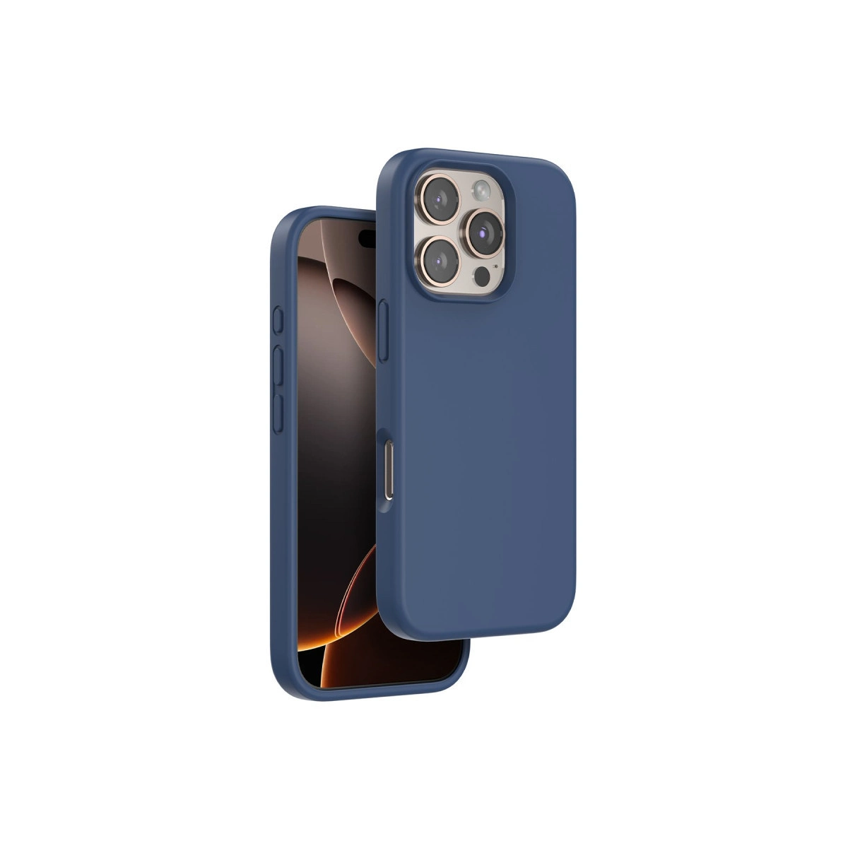 Üçlü kamera modülüne sahip lacivert telefon kılıfı.