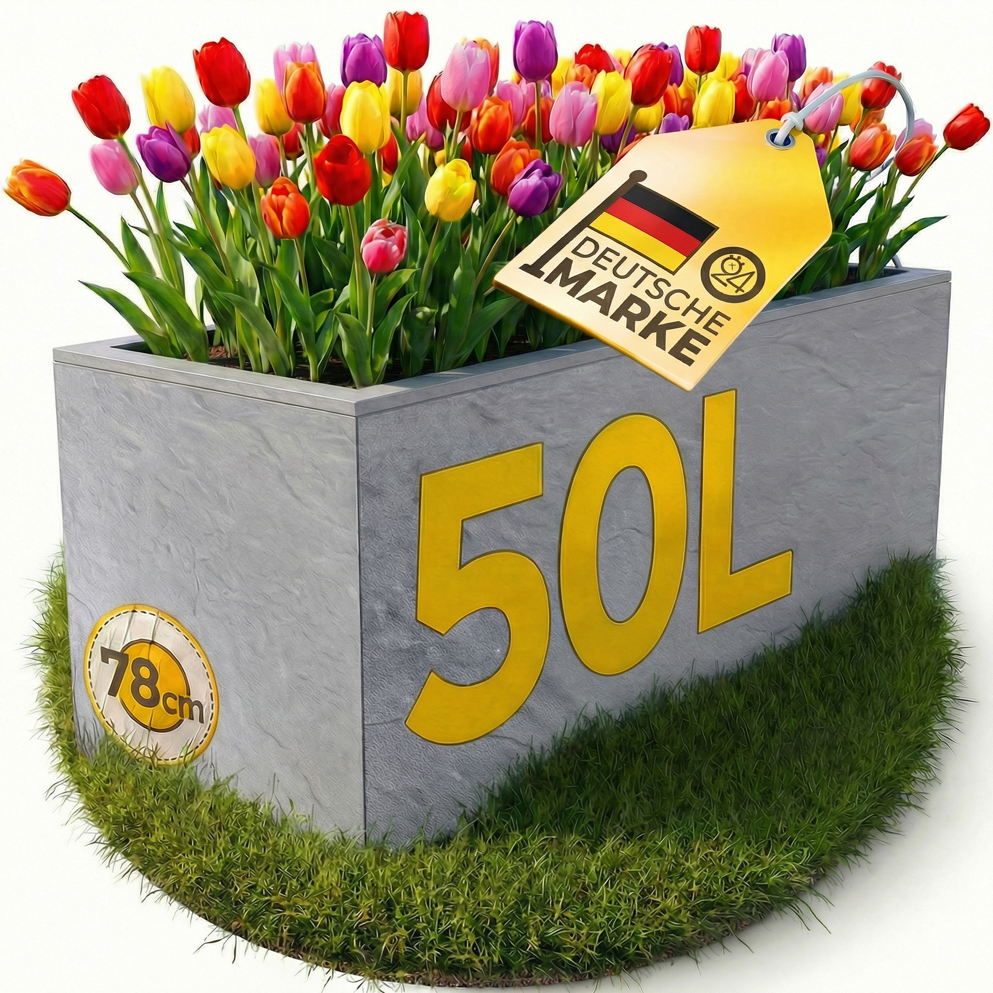 Grauer Betonbehälter mit bunten Tulpen, "50L" und "78cm" beschriftet.