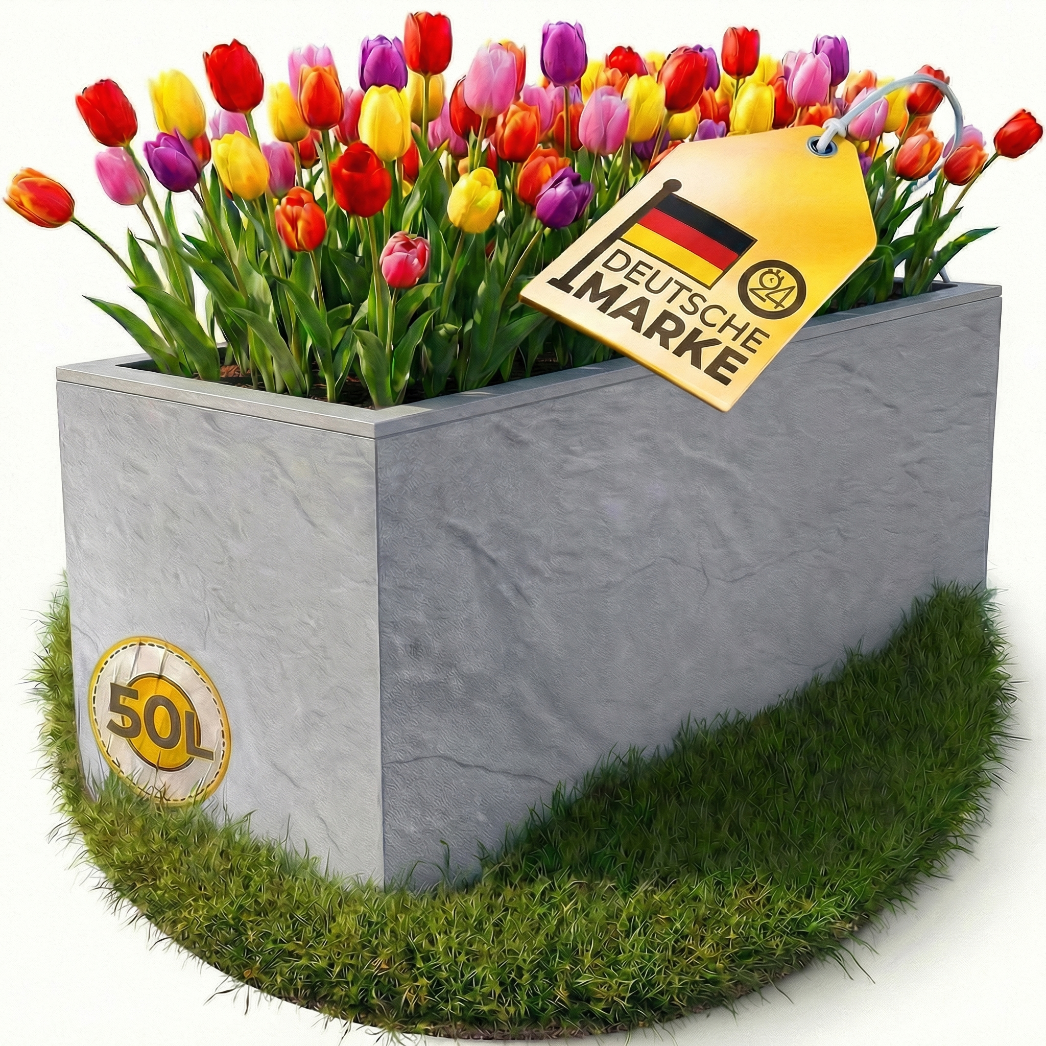 Grauer Betonkübel mit bunten Tulpen, deutscher Flagge und 50L-Aufkleber.