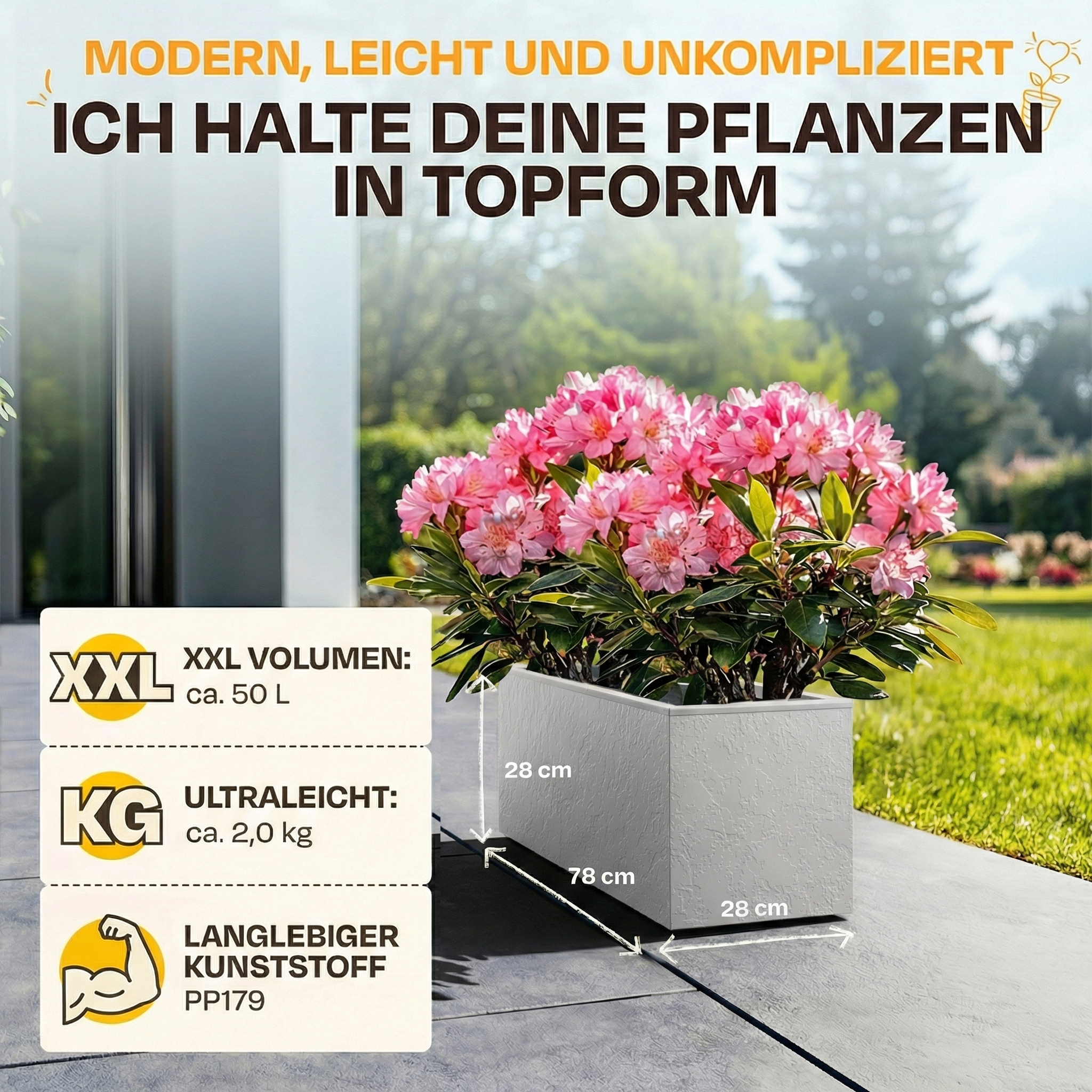 Grauer Pflanzkübel mit rosa Blüten, Maße 78x28x28 cm, 50L, 2kg.
