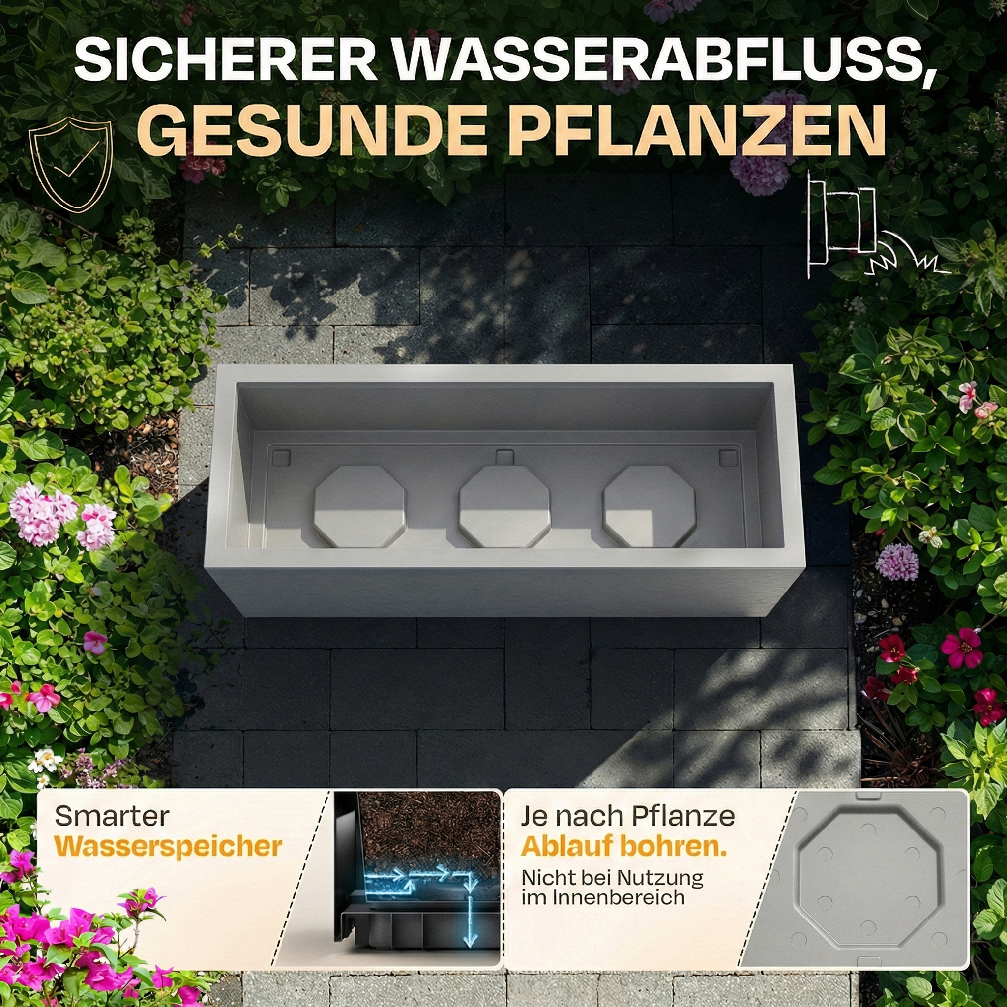 Grauer Pflanzkasten mit Blumen und Text-Overlays zur Bewässerung.