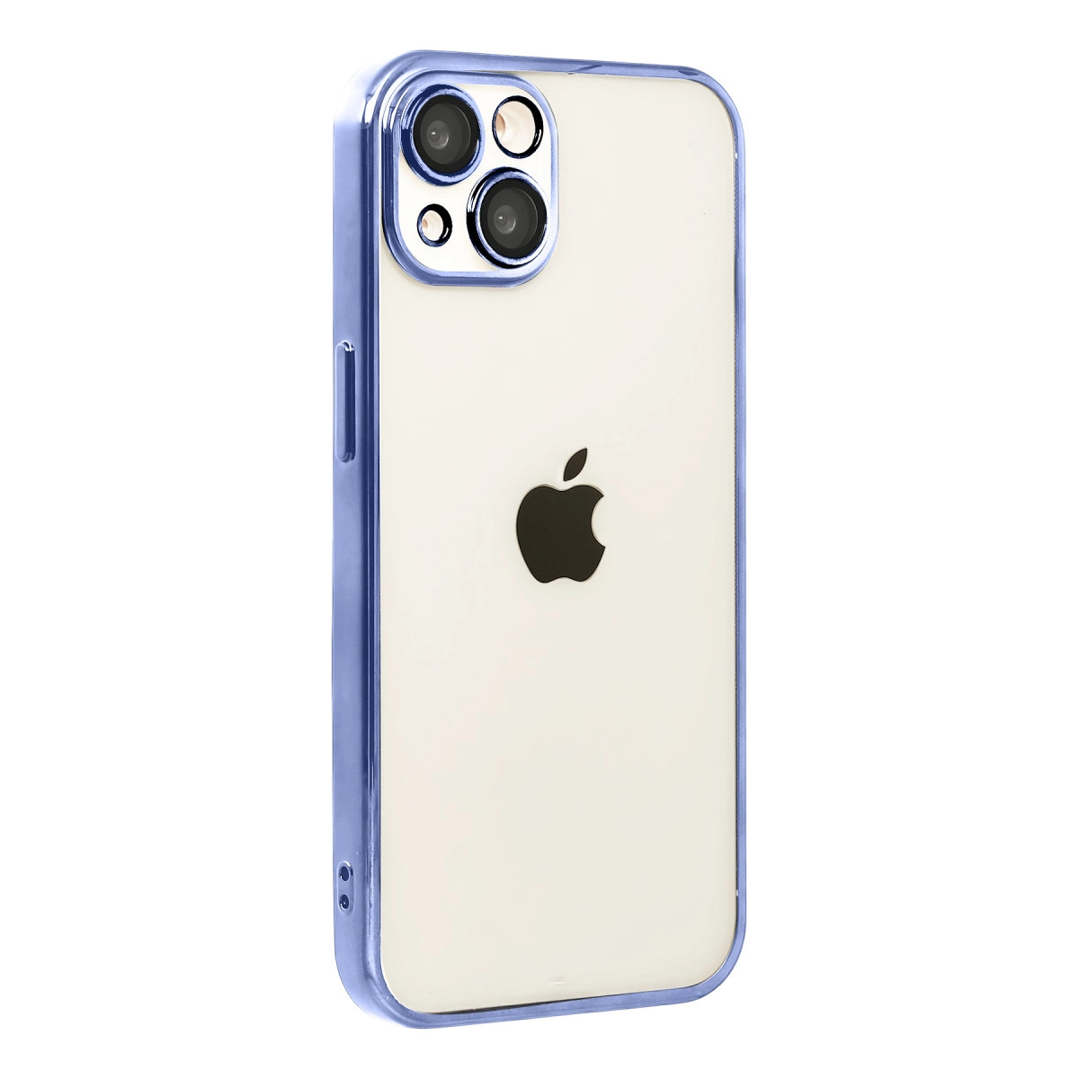 Üçlü lensli kamera modülüne sahip, mavi kenarlı şeffaf iPhone.