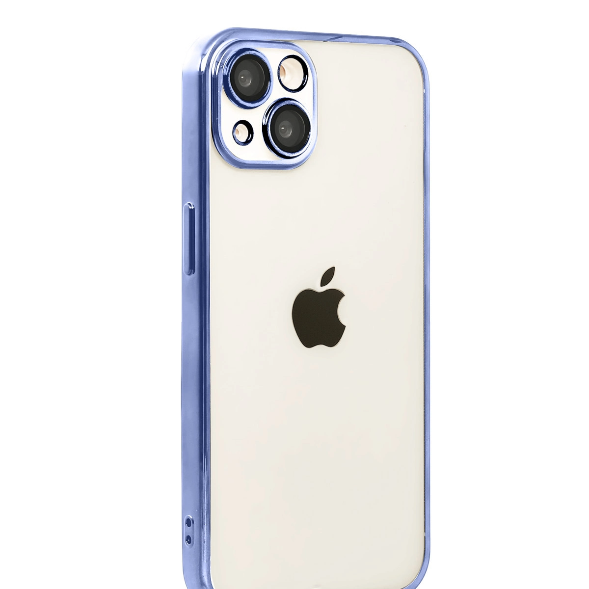 Apple logosunun göründüğü, mavi kenarlıklı şeffaf kasalı bir iPhone.
