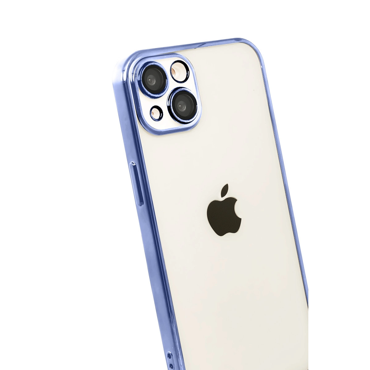 Mavi kılıflı iPhone'un arka yüzü, kamera modülü ve elma logosu.