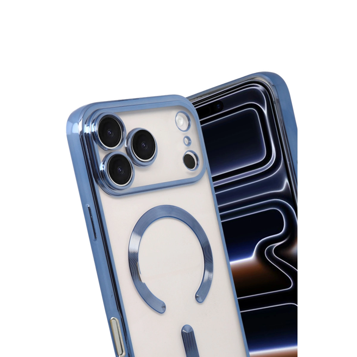 Mavi çerçeveli iki iPhone, biri kamera dizisi ve MagSafe halkası gösteriyor.