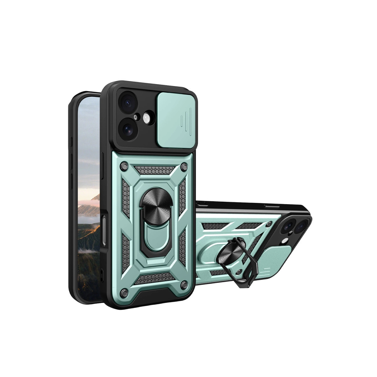 Halka tutuculu ve kamera kapaklı turkuaz telefon kılıfı.