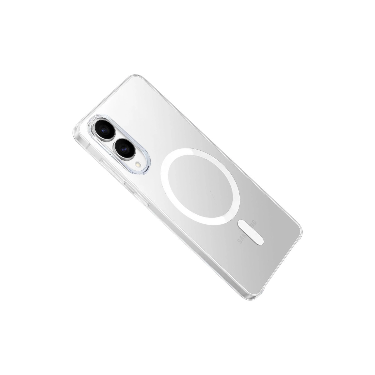 MagSafe halkalı ve iki kamera lensli şeffaf telefon kılıfı.