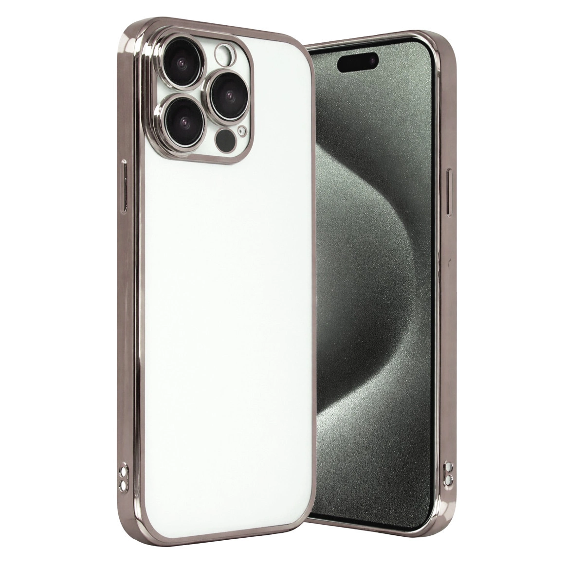 Üç kameralı, gümüş çerçeveli beyaz iPhone.