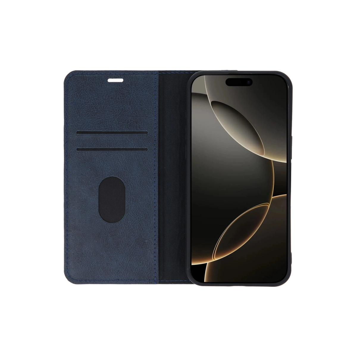 Kart yuvalı lacivert telefon kılıfı ve siyah akıllı telefon.