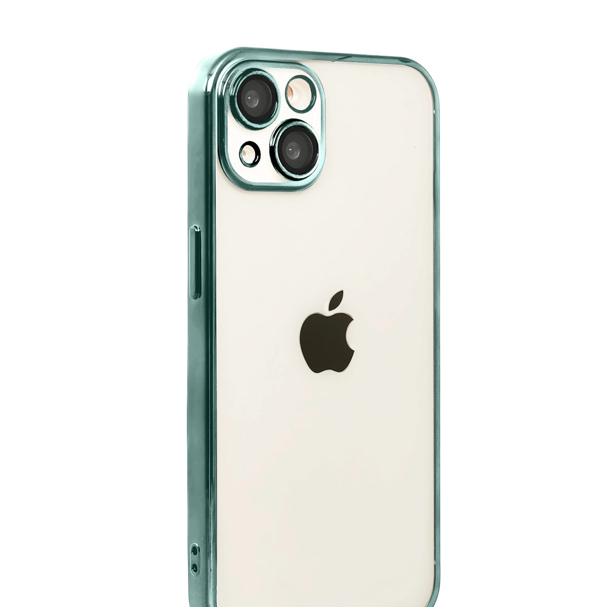 Arkası beyaz iPhone, yeşilimsi mavi kılıf ve üç kamera.