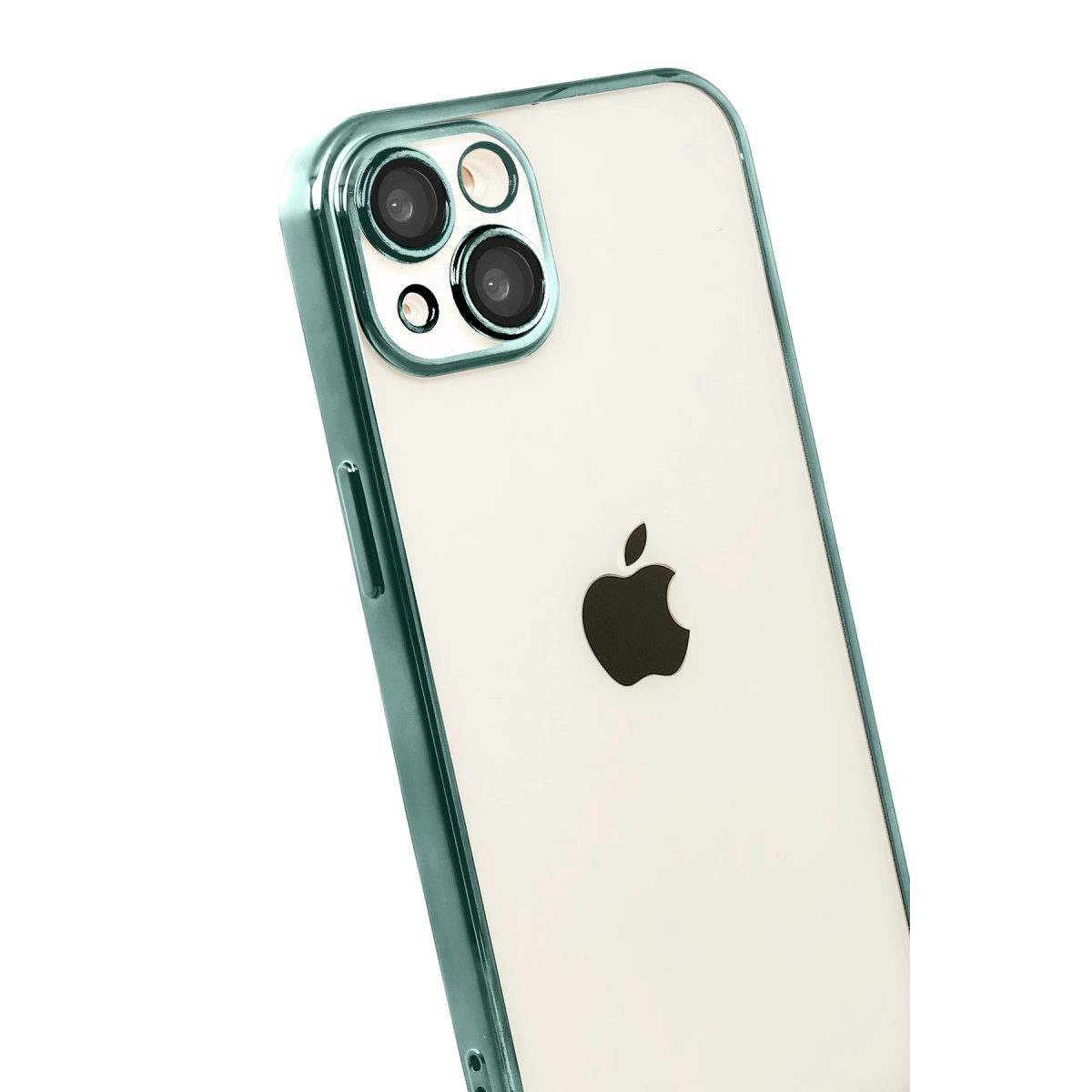Turkuaz çerçeveli beyaz iPhone, arka kamera.