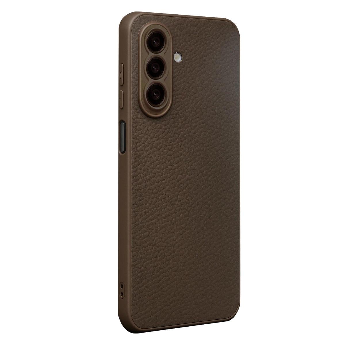 Arkada kamera ve şarj portlu, kahverengi dokulu telefon kılıfı.