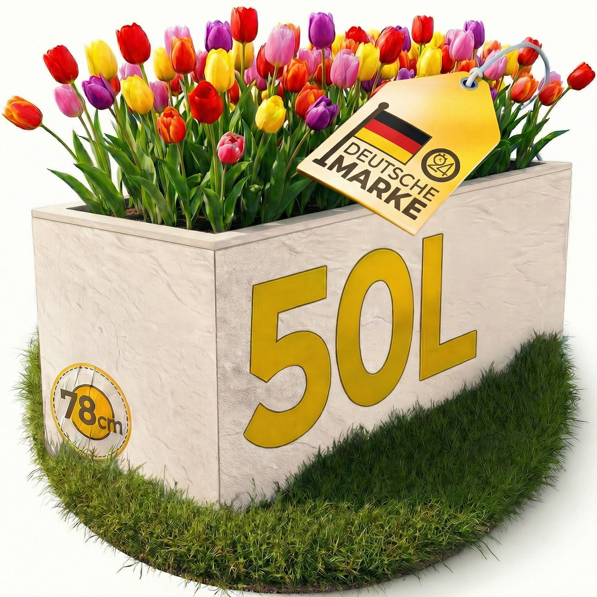 Bunter Tulpenkasten mit "Deutsche Marke"-Tag und Grössenangabe.