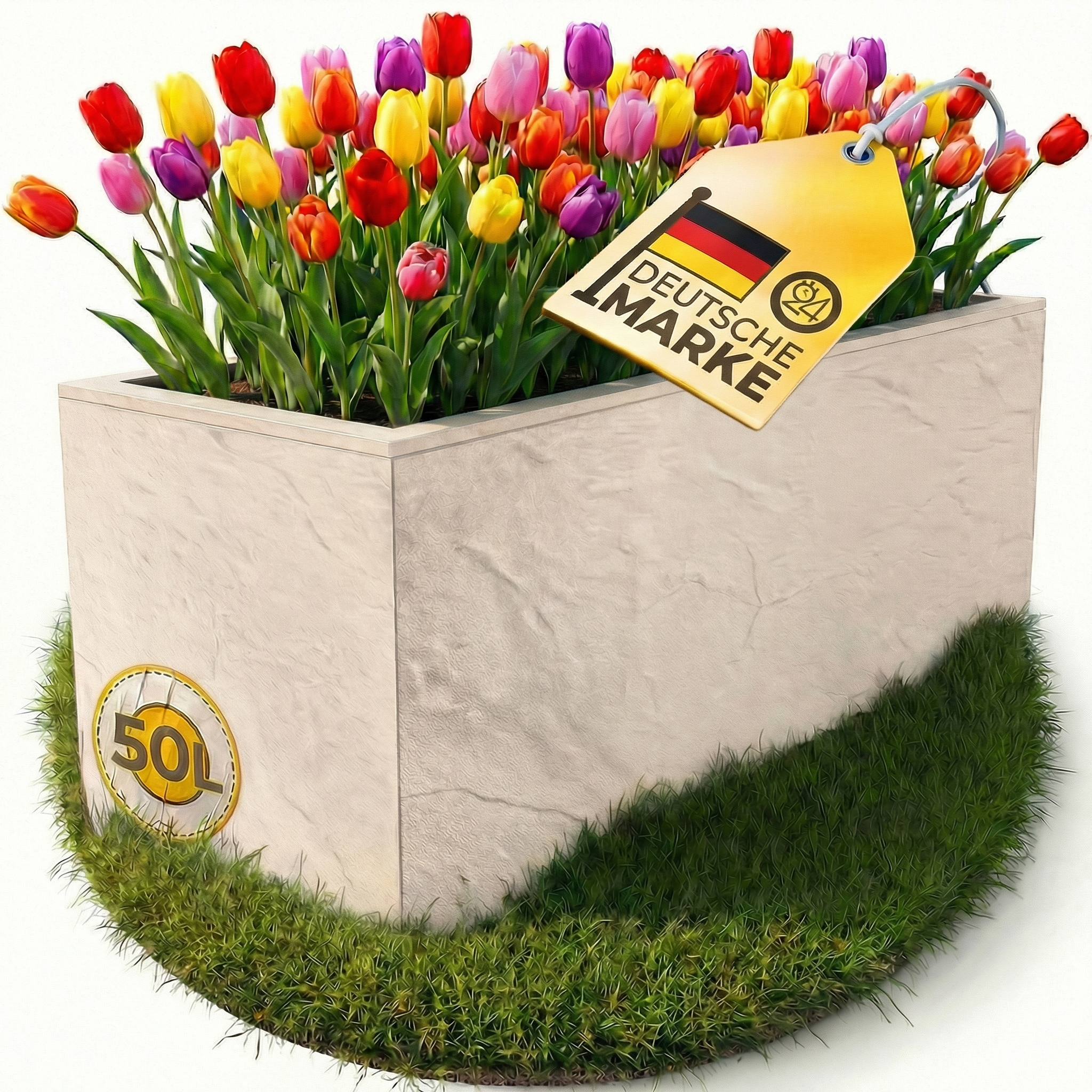 Bunter Tulpenstrauß in einem Betonkübel mit deutscher Marke und 50L-Aufschrift.