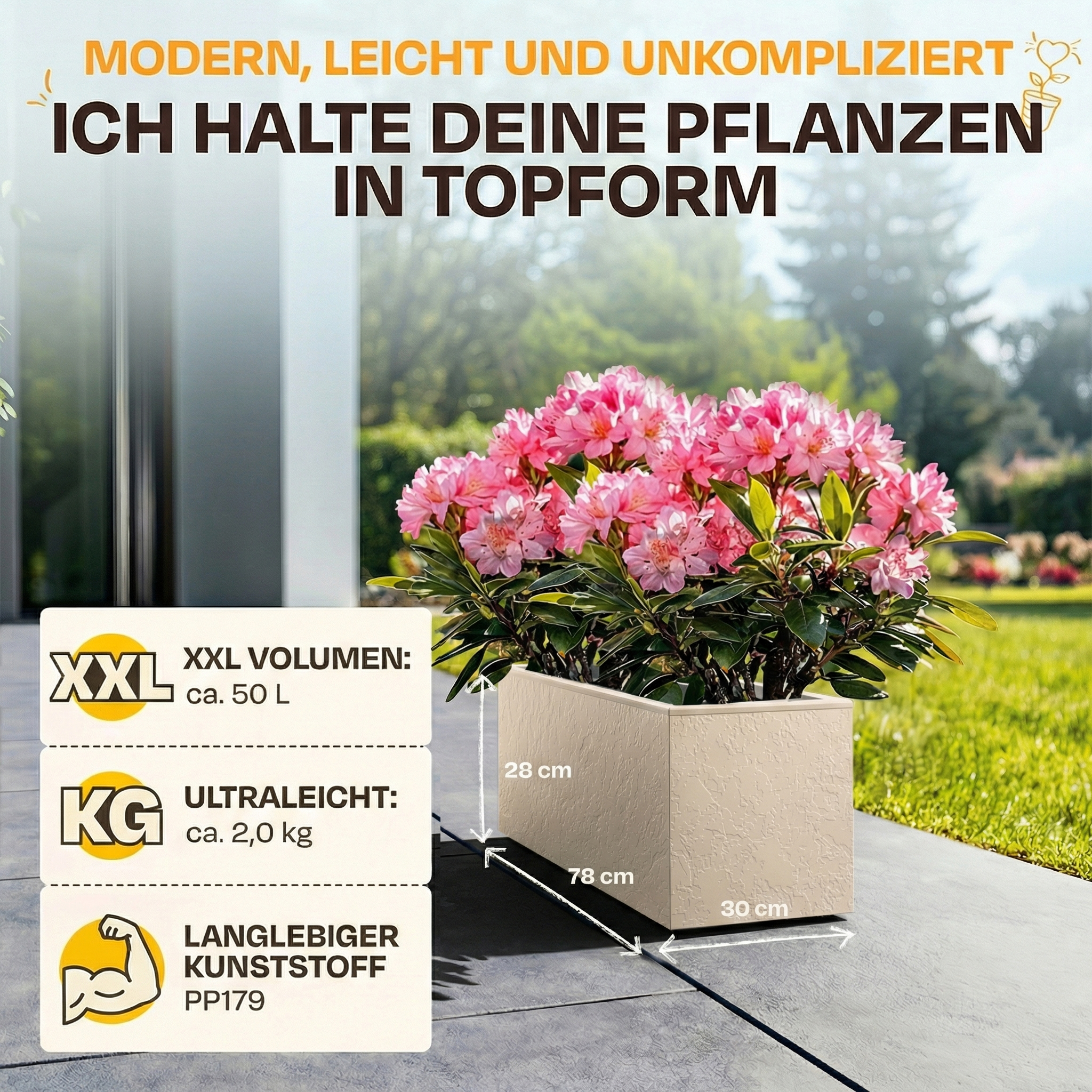Beiger Blumenkasten mit rosa Rhododendron, Maße: 78x30x28cm.
