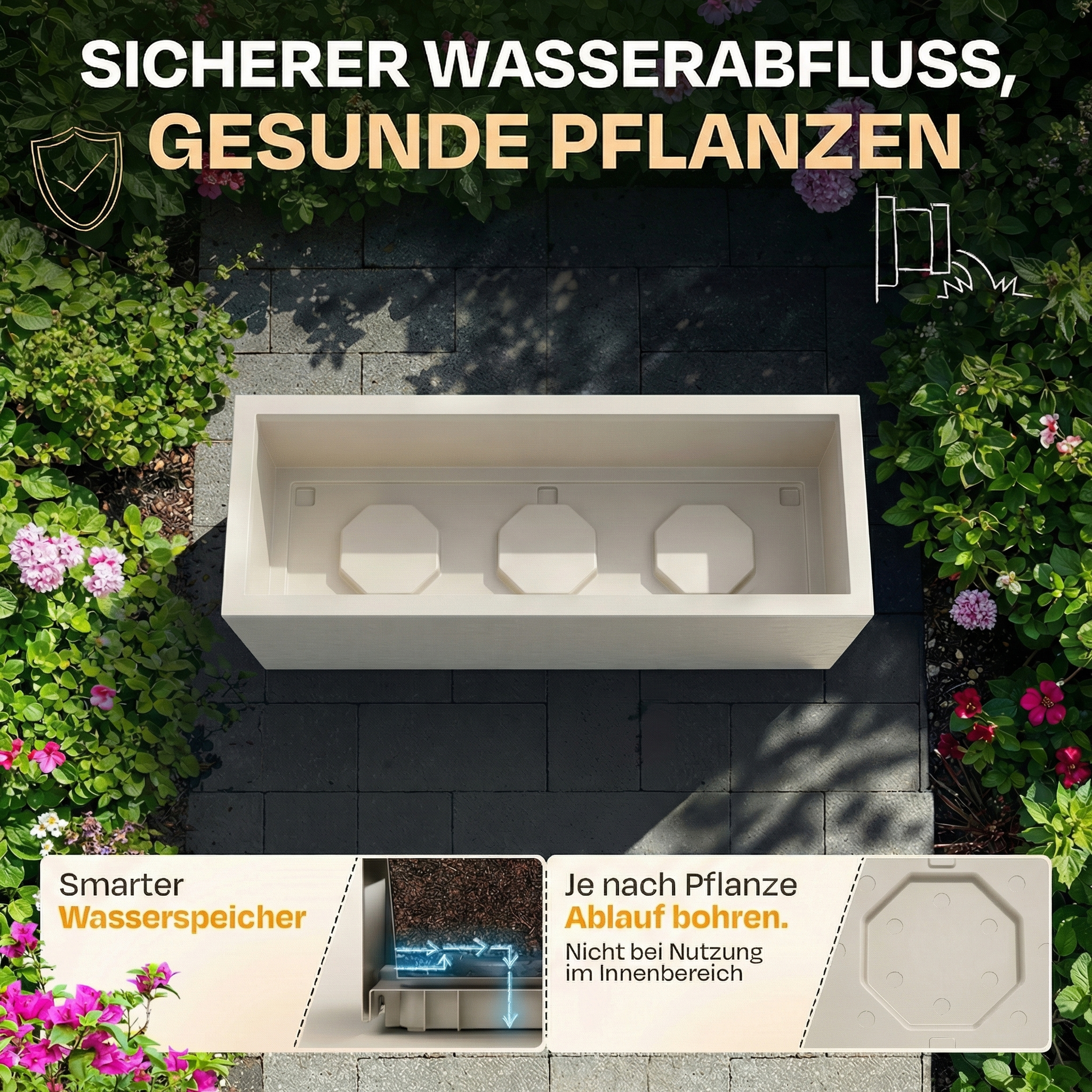Ein beigefarbener Pflanzkasten im Freien mit Text und Grafiken.