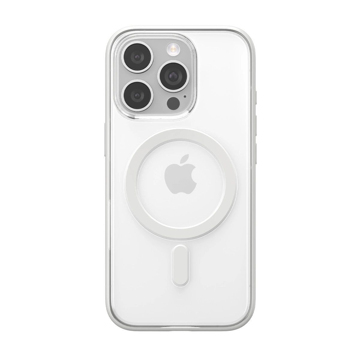Kamera sistemi ve Apple logosu olan şeffaf iPhone kılıfı.