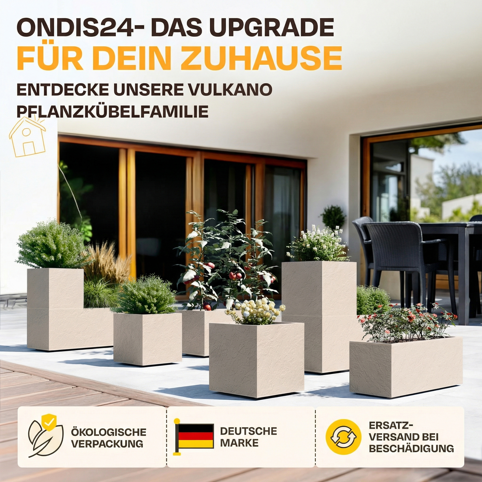 Außenbereich mit modernen Pflanzkübeln und Sitzgelegenheiten.