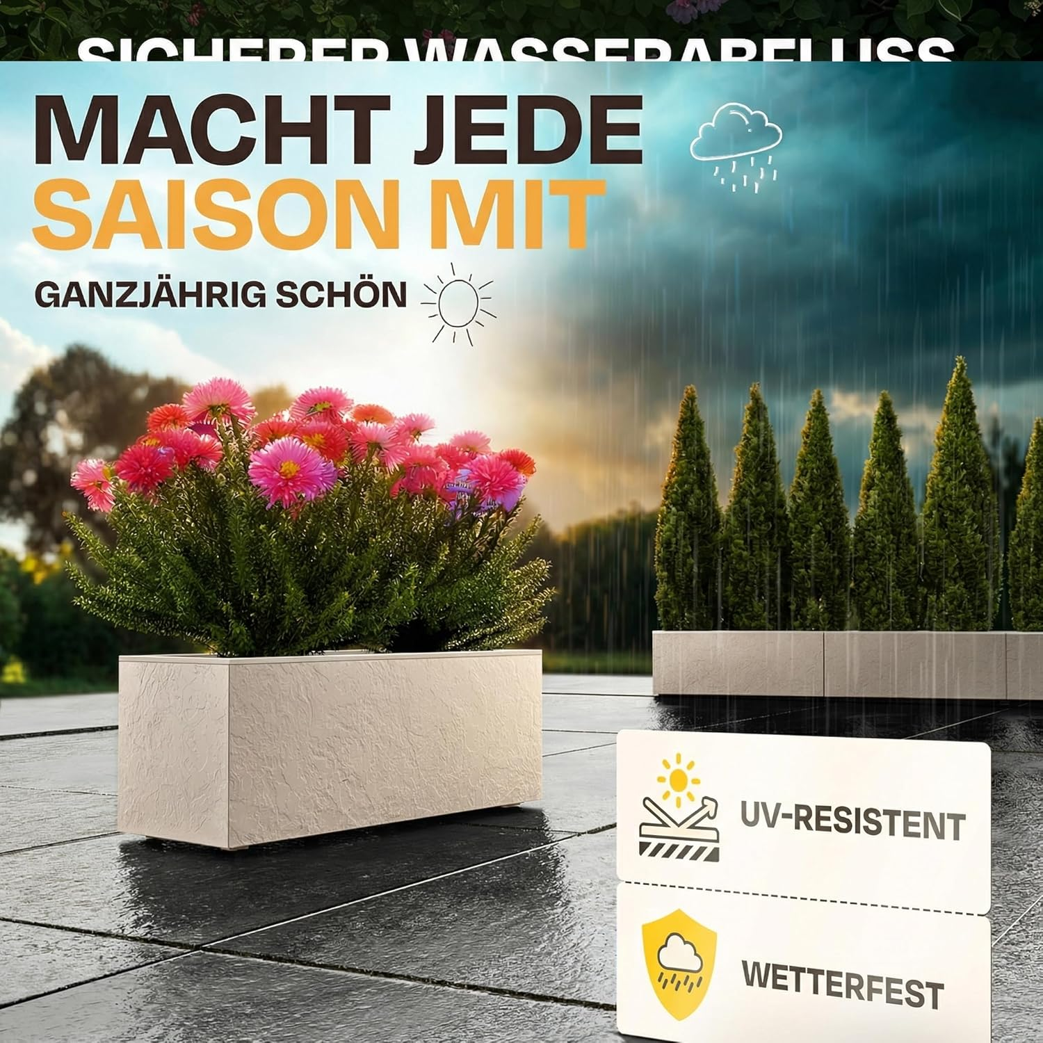 Pflanzkübel mit Blumen und Bäumen bei Regen. UV-resistent und wetterfest.