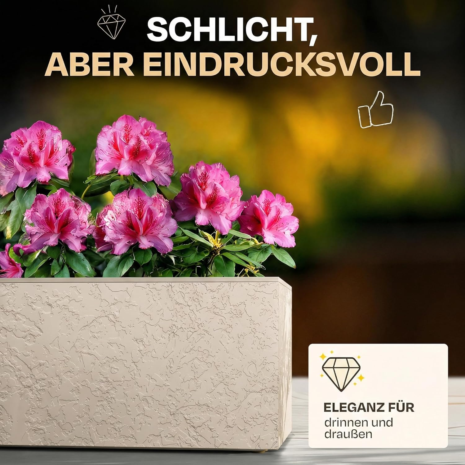 Beiger Blumentopf mit rosa Rhododendronblüten und Text.