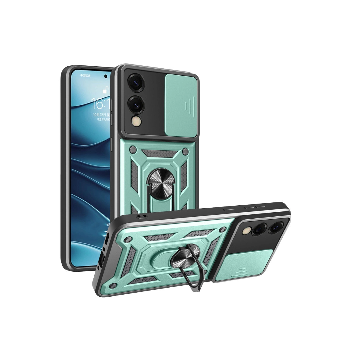 Halka tutuculu ve kamera kapaklı nane yeşili telefon kılıfı.