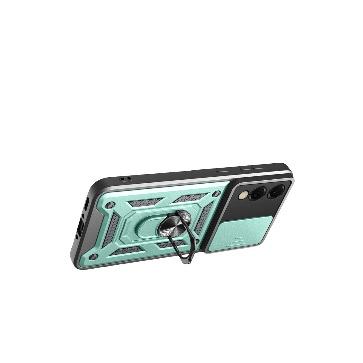 Halkalı tutuculu ve güçlendirilmiş köşeli nane yeşili telefon kılıfı.
